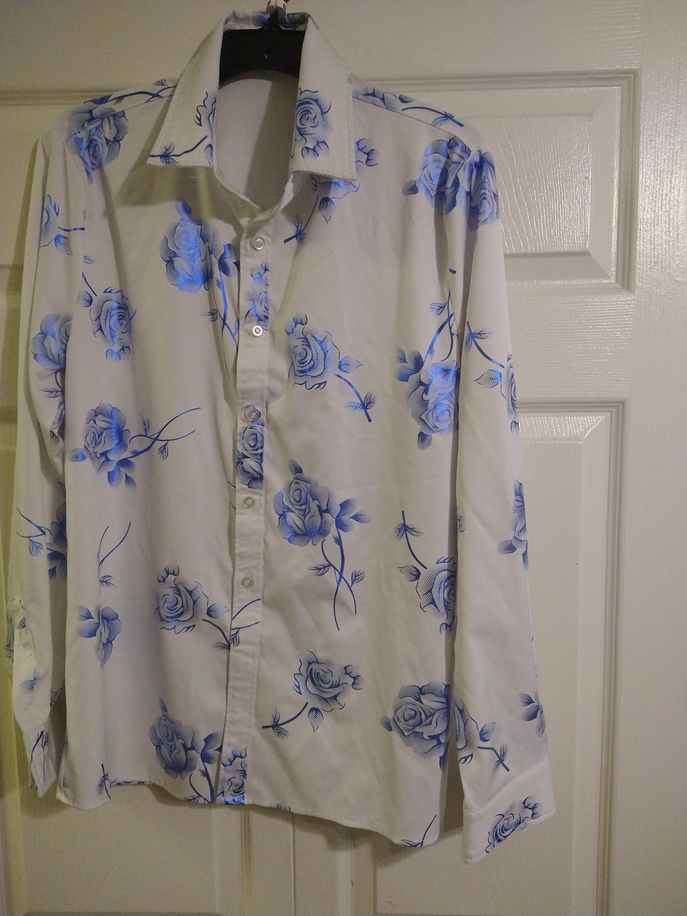 Men's White Button-Down Shirt with Blue Floral Print